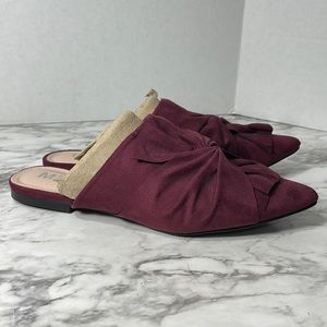 New MIA faux suede cranberry wine bow accent slide flat career shoe